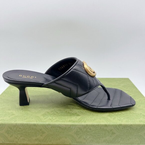Gucci GG Marmont Chevron Black Kitten Heels Thong Sandals Leather EU 37.5 US 7.5 - Picture 9 of 12